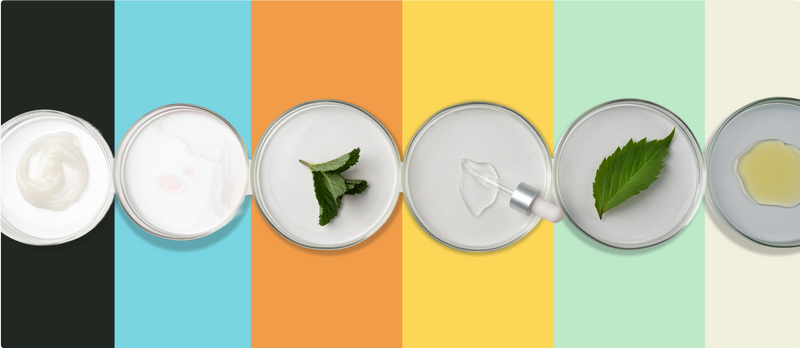 Set of skincare products with green leaves on a multicolored background