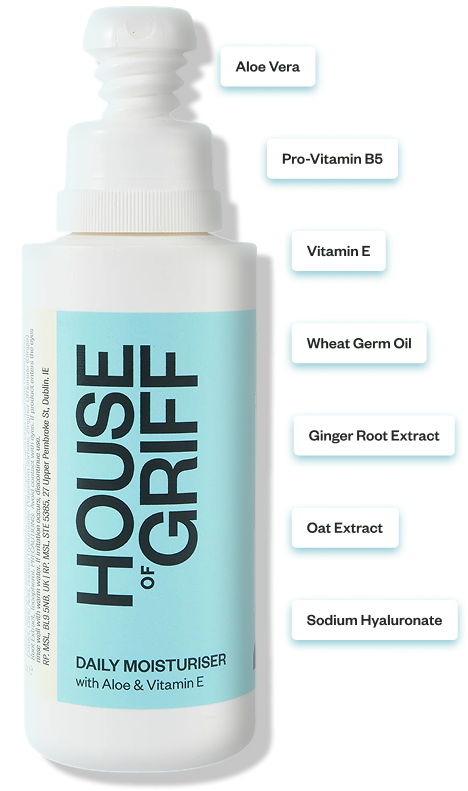 House of Griff daily moisturizer bottle with ingredients listed on a white background