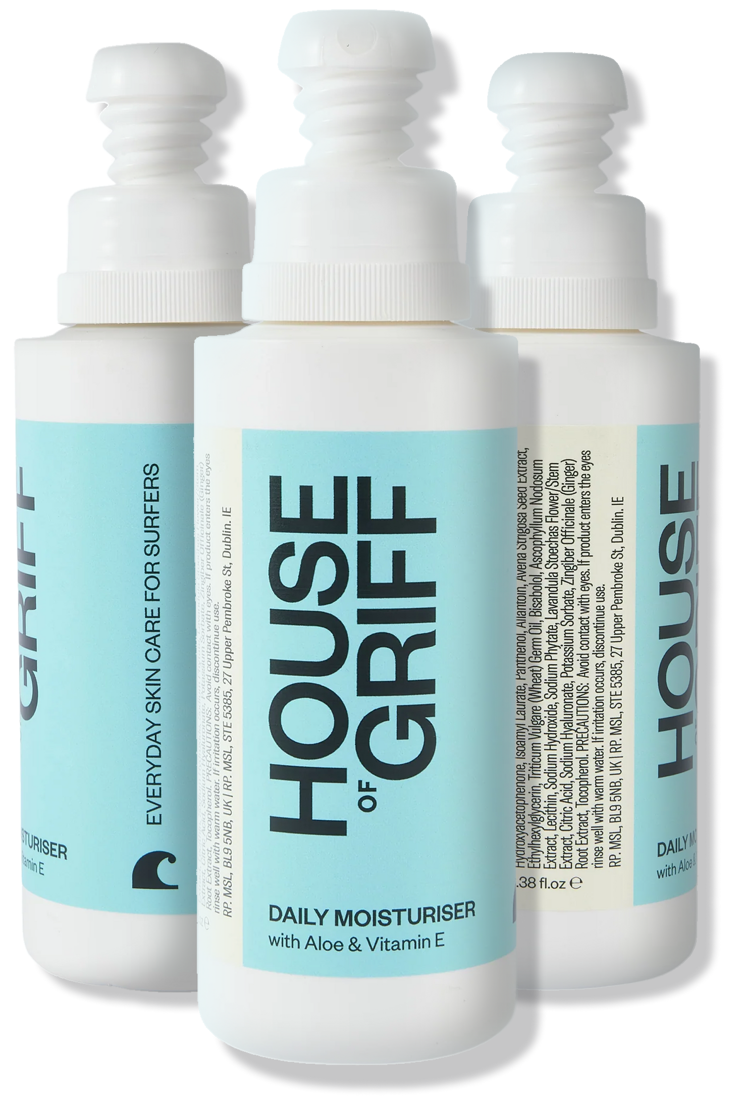 Three bottles of House of Griff daily moisturizer on a white background